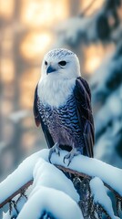 Wall Mural - A white and black bird sitting on a branch covered in snow