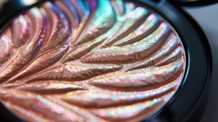 Poster - Iridescent Highlighter: A close-up of a pressed highlighter with an iridescent finish, displaying a range of colors from pink to gold under different lighting