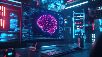 Computer screen with glowing brain icon
