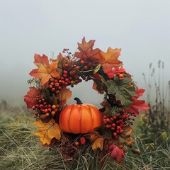 Sticker - autumn wreath with pumpkin on smoke background.