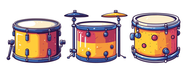 Red and yellow drum with blue hardware and a bass drum pedal cartoon generative ai