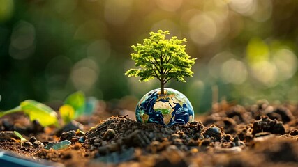 Sticker - a tree grows on earth: a vibrant, miniature tree flourishes atop a detailed model of planet earth, s