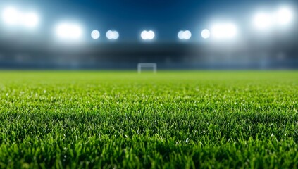 An empty soccer stadium with grass, stands illuminated by floodlights