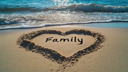 Canvas Print - Heart Shape in Sand on the Beach with the Word Family