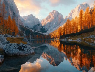 Wall Mural - Tall Mountains and Orange Trees near Lake