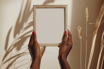 Hands holding a wooden frame against a backdrop with plant shadow patterns.