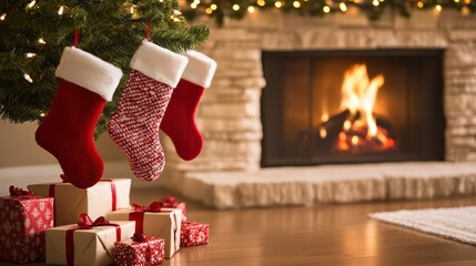 Canvas Print - A fireplace with stockings hanging from it and presents under the tree, AI