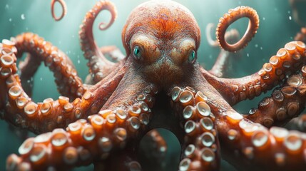 A large octopus with a blue eye stares at the camera