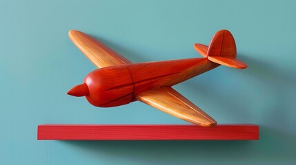 Carved hardwood airplane on a shelf that is bright red