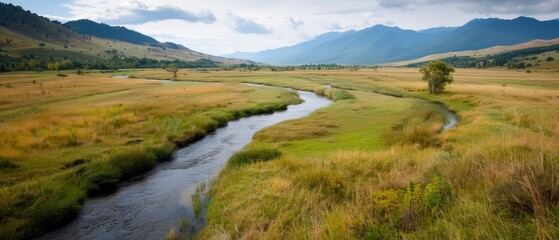  A river runs through two lush, green fields Tall grass borders each bank Mountains loom in the distance