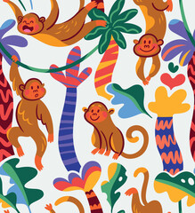 Wall Mural - Seamless pattern with cute playful brown monkeys in the jungle