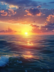 Poster - Sunset over ocean with waves