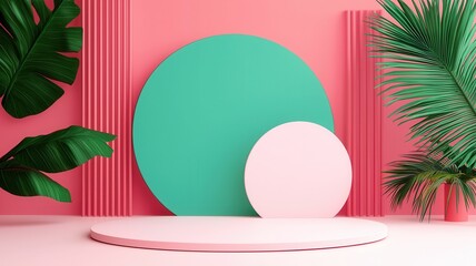 Vibrant geometric backdrop featuring green and pink circular shapes and lush foliage, ideal for modern design and photography.