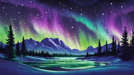 Vibrant aurora borealis dancing across the night sky, display of swirling green, purple, and blue lights illuminating the darkness with their ethereal glow
