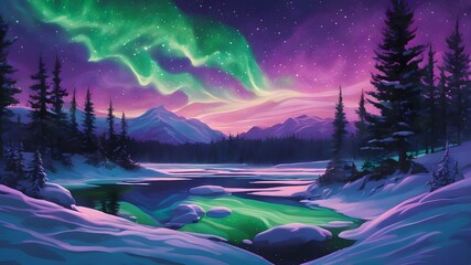 Vibrant aurora borealis dancing across the night sky, display of swirling green, purple, and blue lights illuminating the darkness with their ethereal glow