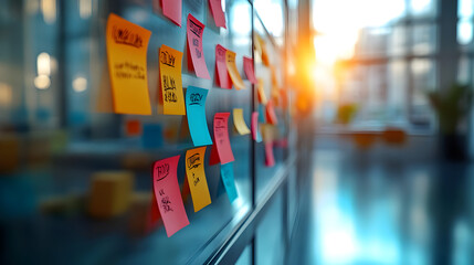 Poster - Colorful sticky notes on a glass wall in a bright workspace.