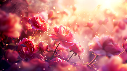 Wall Mural - A close up of a field of red flowers with a bright sun shining on them. The flowers are in full bloom and the sun is casting a warm glow on the scene. Concept of beauty and tranquility