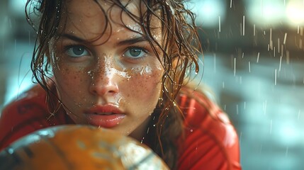 Wall Mural - A dynamic shot of a woman performing a powerful medicine ball slam. sweat glistening on her skin. energetic gym environment with bright lights. high-speed photography capturing the motion. hd quality.