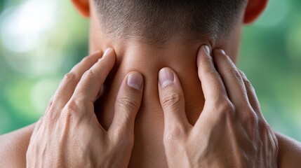 Canvas Print - A man with hands on his neck and a green background, AI