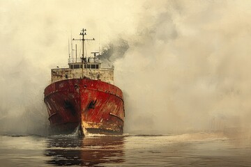 Wall Mural - Powerful red cargo ship sailing through foggy waters