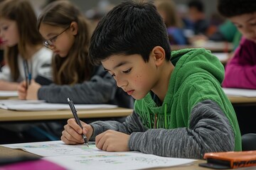 Students participating in a math competition, solving problems at their desks with excitement and focus