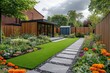 © Lubos Chlubny - Beautiful garden with stone tiled path leading to garden room office