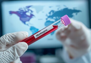 Hand in white gloves holding a test tube with a red liquid and a label that reads 