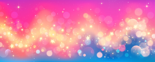 Wall Mural - Wavy pink background. Unicorn glitter sky. Fantasy magic purple galaxy with bokeh and stars. Abstract violet kawaii backdrop.