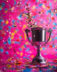 silver trophy amid pink confetti burst, symbolizing joyous victory moment.