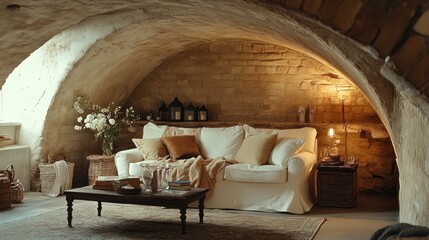 Wall Mural - Cozy living room with a white sofa, wooden coffee table, wicker baskets, and brick walls under an arched ceiling.