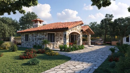 Poster - Stone cottage with a tiled roof, a stone pathway, lush green lawn, and colorful flowers.