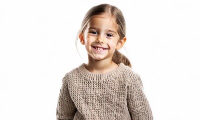 Wall Mural - Portrait of a cute little girl in a sweater on a white background