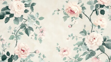  A floral pattern featuring soft pink roses and greenery on a light background.