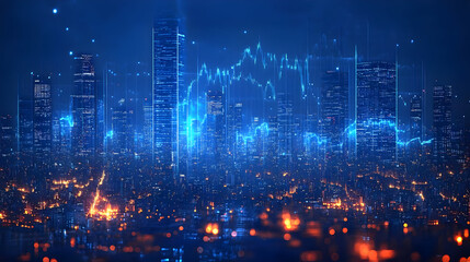 Wall Mural - Futuristic cityscape with digital data visualization elements.