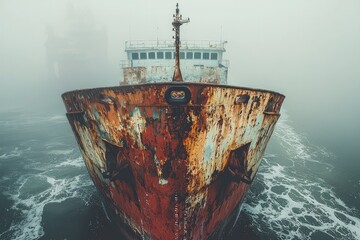 Wall Mural - Rugged cargo ship navigating through rough, foggy seas