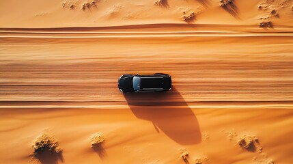 Wall Mural - Car driving on desert road in summer top view 