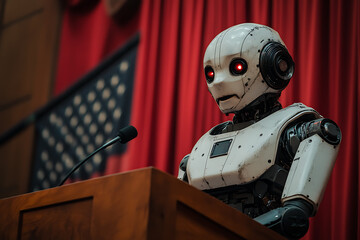 Sticker - A humanoid robot giving a speech at a podium with an American flag backdrop, symbolizing AI leadership and futuristic technology.






