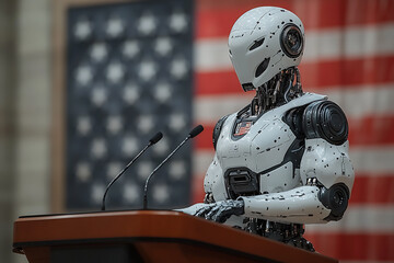 Wall Mural - A humanoid robot giving a speech at a podium with an American flag backdrop, symbolizing AI leadership and futuristic technology.






