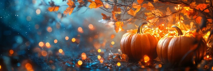 Wall Mural - Festive thanksgiving party background with autumn pumpkin and holiday lights decoration