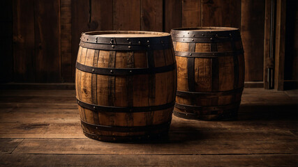 Two rustic wooden barrels in a dimly lit wooden room, on a wooden floor with no other items around.