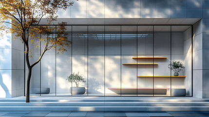 Wall Mural - Modern architectural entrance with glass facade and minimal decor.