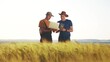 © ibragimova - agriculture wheat. two farmers work in a field with wheat. agriculture business farm concept. farmers examining wheat lifestyle sprouts in an agricultural field and check them with laptop