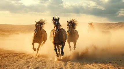 Canvas Print - Horses with long mane portrait run gallop in desert dust. image of animal. copy space for text. 