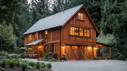 Poster - A wooden cabin with a metal roof, lit up in the evening surrounded by lush trees.