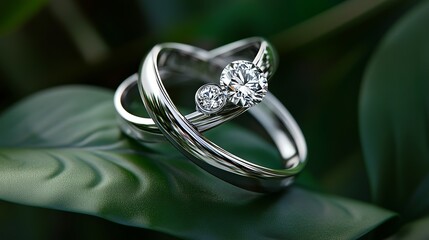 Overlapping male and female diamond rings resting atop a leaf that complements the color and design of the rings.