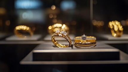 Wall Mural - Diamond and gold jewelry rings on display in a posh retail store