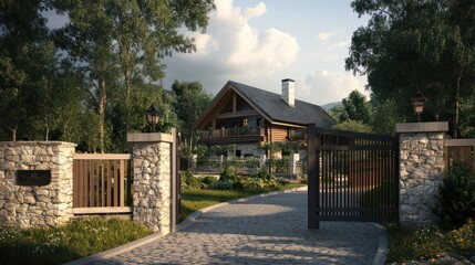 Poster - A stone gate leads to a secluded wooden cabin in the woods, with a cobblestone driveway and lush green foliage.