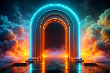 Poster - neon door with smoke, orange glowing portal, futuristic arch gate, magic border with vapor.