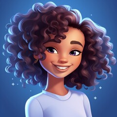 Cheerful 3D African Cartoon Boy: Smiling Curly-Haired Young Teen on Vibrant Blue Background. Adorable Character Design for UI, Web Marketing, and High-Resolution Wallpapers. Cute and Fun Representatio