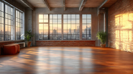 Poster - Modern industrial interior with large windows and city view.